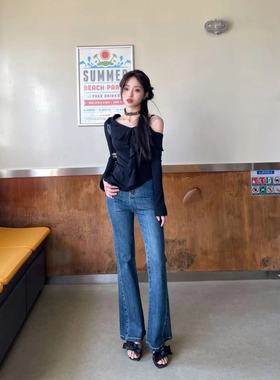 Co&Sheng小众小个子女装拼接新款长袖修身显瘦露肩黑色衬衫