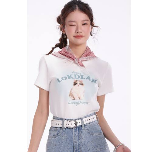 重生小个子圆领百搭小猫印花短袖