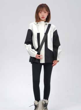 CO&SHENG小个子150秋冬新品连帽工装风冲锋衣女黑蓝色防风防水