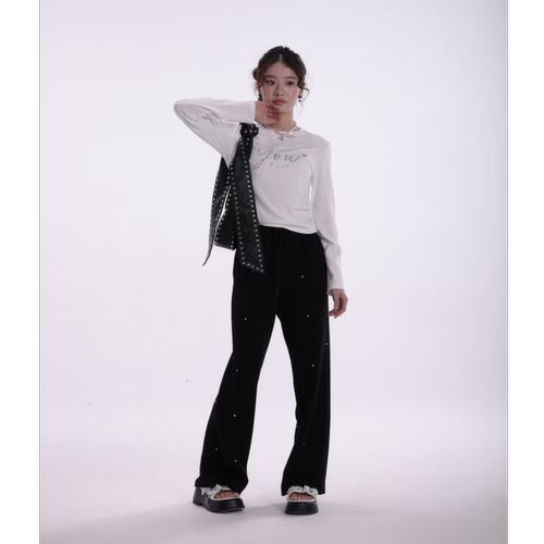 重生小个子黑色烫钻微喇休闲卫裤女春秋抽绳高腰宽松显瘦阔腿裤