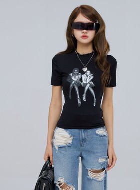 重生小个子夏季新款短袖女日常百搭黑色显瘦印花圆领