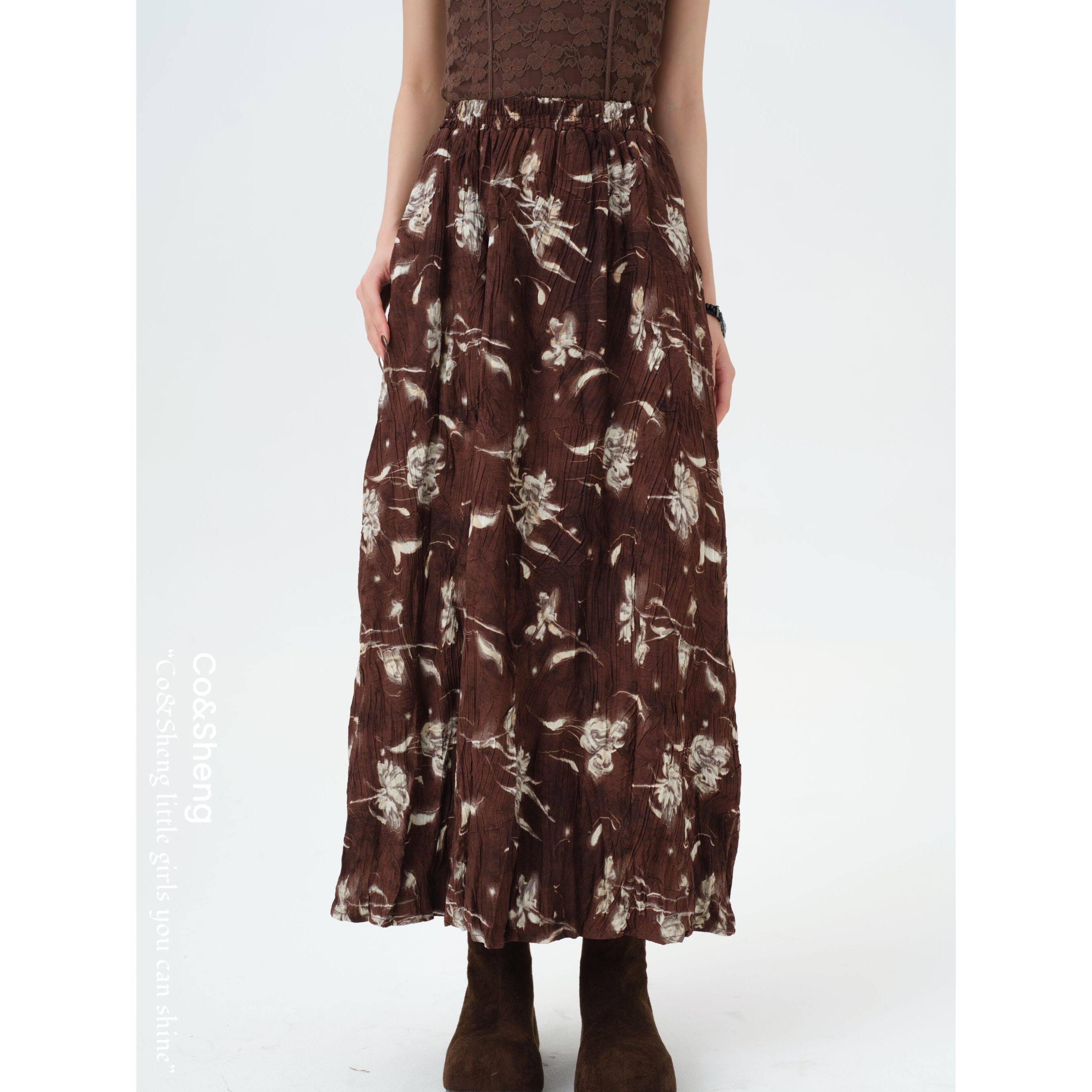 重生/潇潇雨 春季新款褶皱印花半身裙捏褶设计女 长裙 Co&Sheng