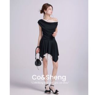 索马里/cosheng重生小个子春夏斜肩连衣裙小黑裙洋气衣服女出行