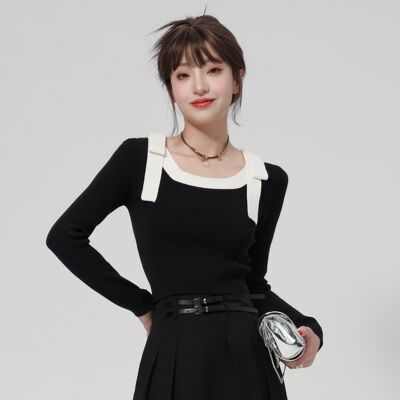 cosheng重生小个子春季新品黑色方领设计感显瘦针织衫短款女百搭