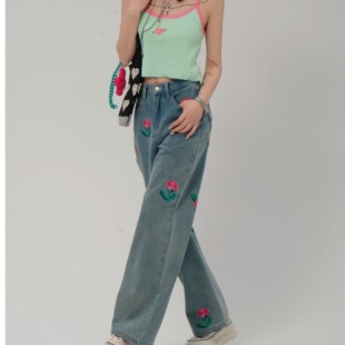 COSHENG150小个子牛仔裤 牛仔高腰直筒复古阔腿宽松印花显瘦时尚