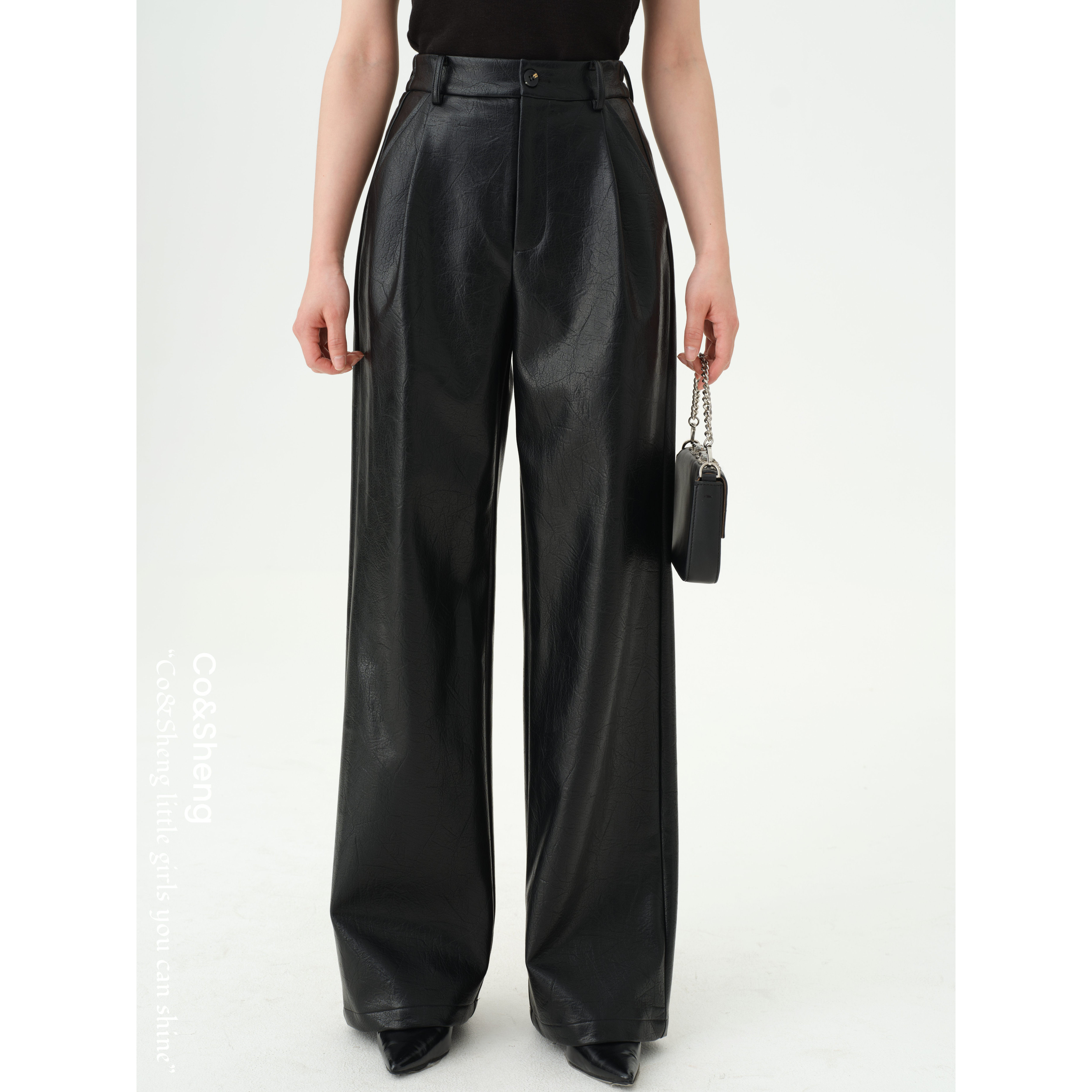 夜影/co&sheng小个子定制春季新款直筒裤皮裤简约高级时尚女款长,女装/女士精品,休闲裤,淘宝优惠券,粉丝福利购,淘宝优惠卷