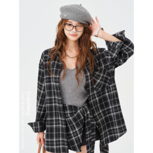 格物致闪/Co&Sheng重生小个子中长款翻领秋季新款格子长袖衬衫