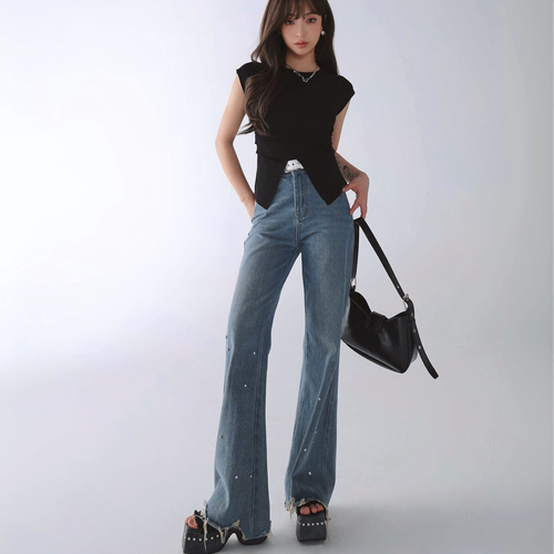 co&sheng重生小个子春季新品微喇水钻牛仔裤时尚百搭阔腿版型高腰