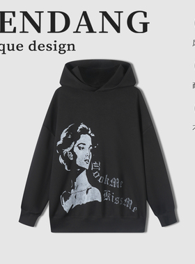 本当2025秋冬美式复古连帽卫衣秋冬季外套女款街头风黑色印花上衣