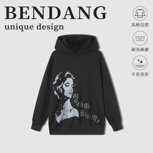 本当2025秋冬美式复古连帽卫衣秋冬季外套女款街头风黑色印花上衣