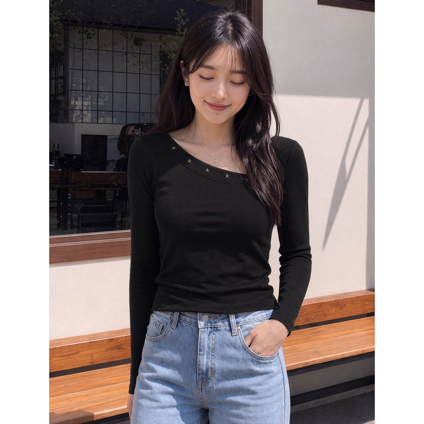 本当辣妹斜领打底衫短上衣女秋冬设计感小众铆钉修身黑色长袖t恤