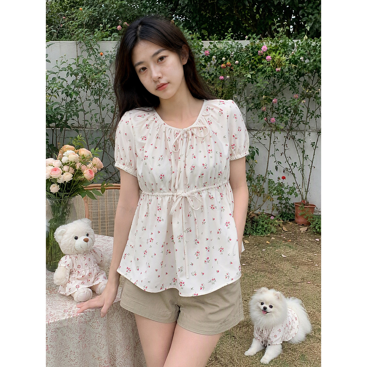 夏季甜美碎花雪纺衫女收腰显瘦