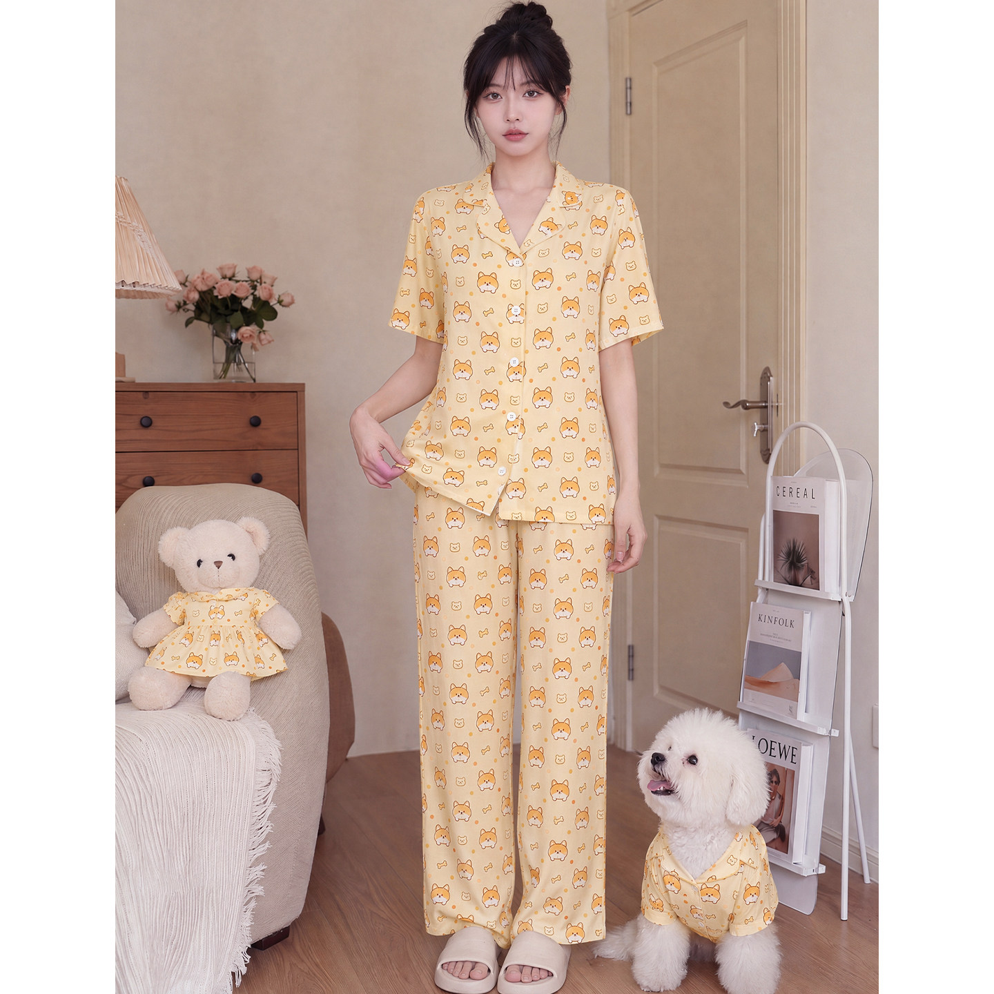 定制睡衣夏季新款亲子宠物家居服猫狗卡通 DIY 印花情侣短袖套装