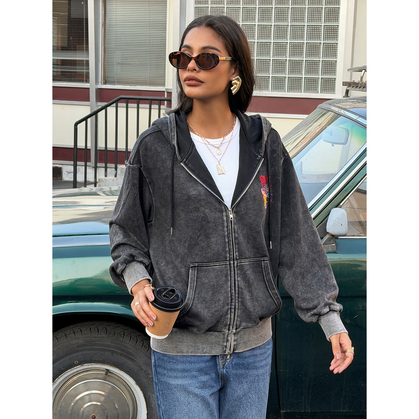 本当美式复古水洗做旧连帽卫衣拉链帽衫男女秋季开衫外套休闲夹克