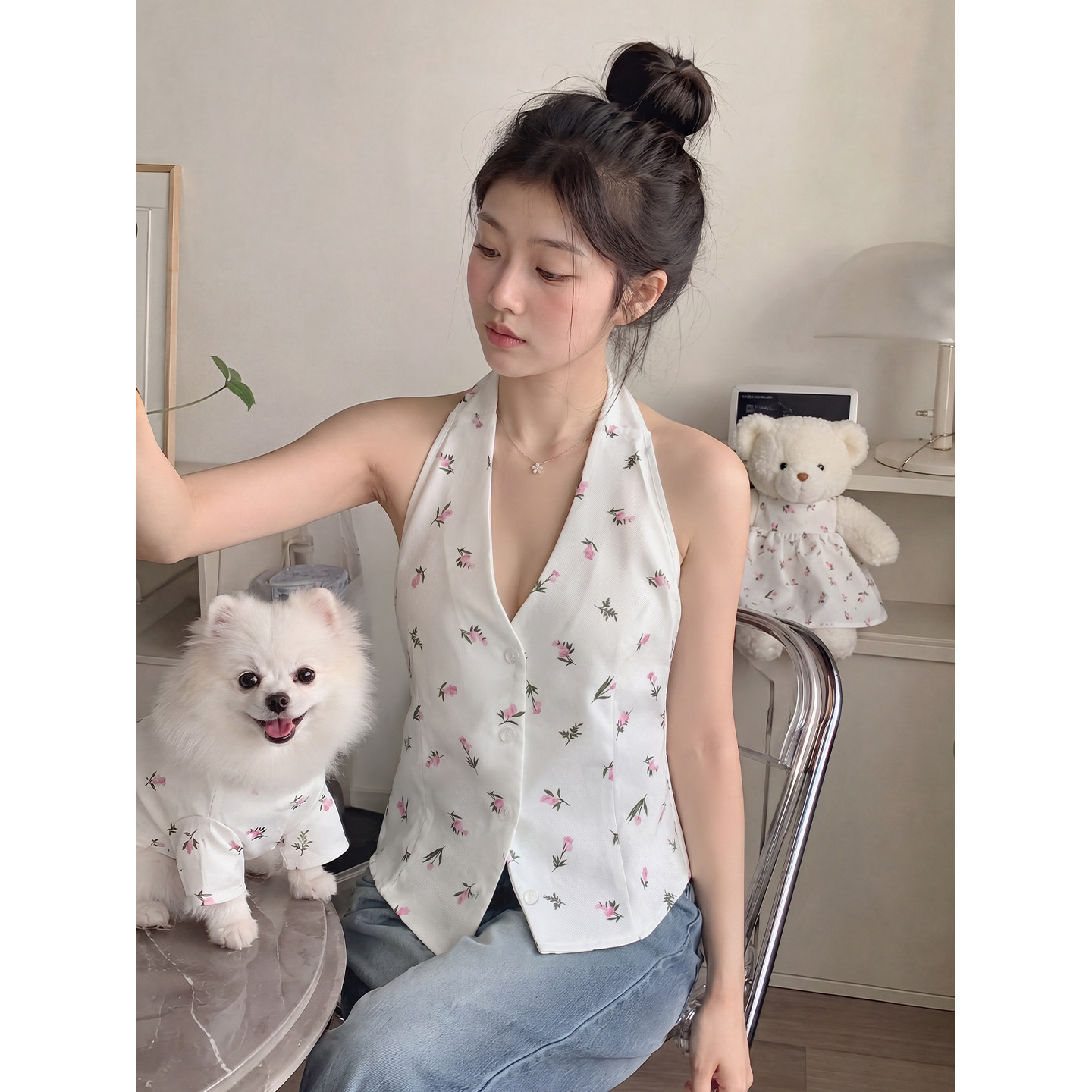 夏季法式碎花挂脖露背显瘦吊带