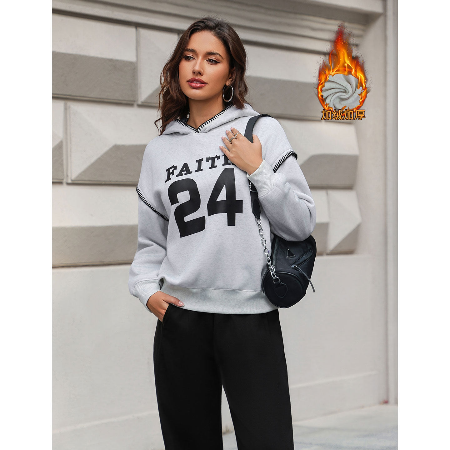 本当浅灰色印花连帽卫衣男女2025秋冬季新款休闲加绒加厚套头上衣