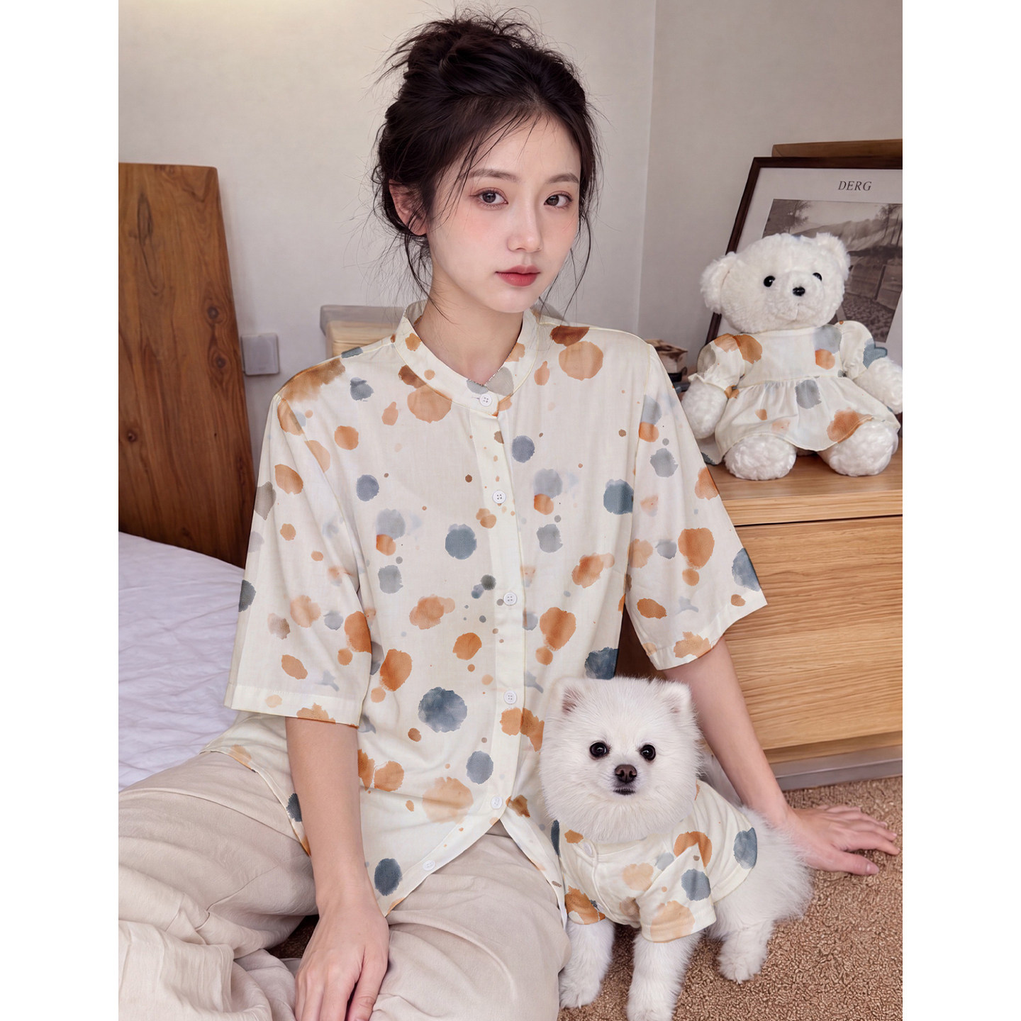 韩系人宠同款冰丝睡衣女夏装短袖上衣薄款可外穿遛狗亲子家居服