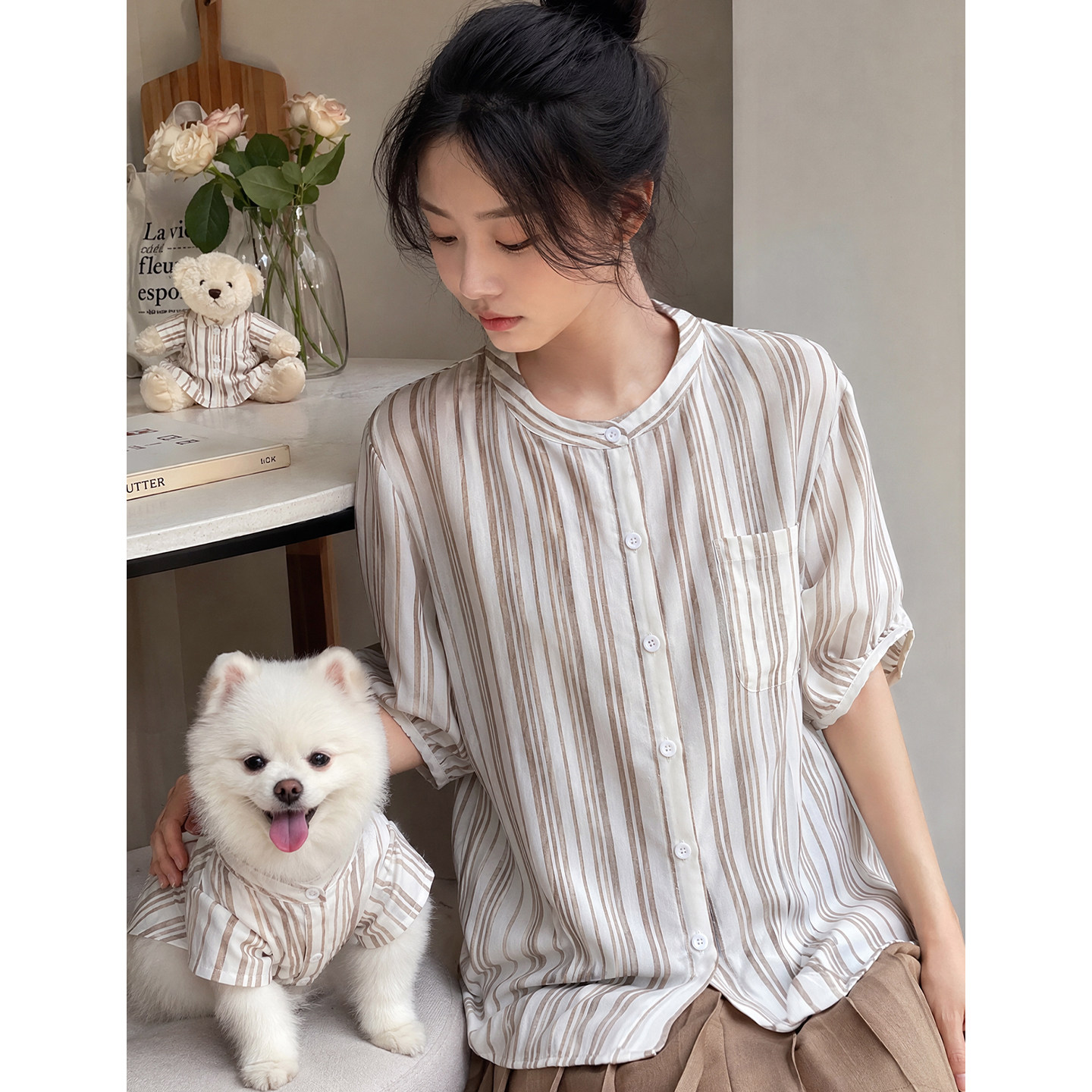 韩系条纹短袖可外穿亲子睡衣