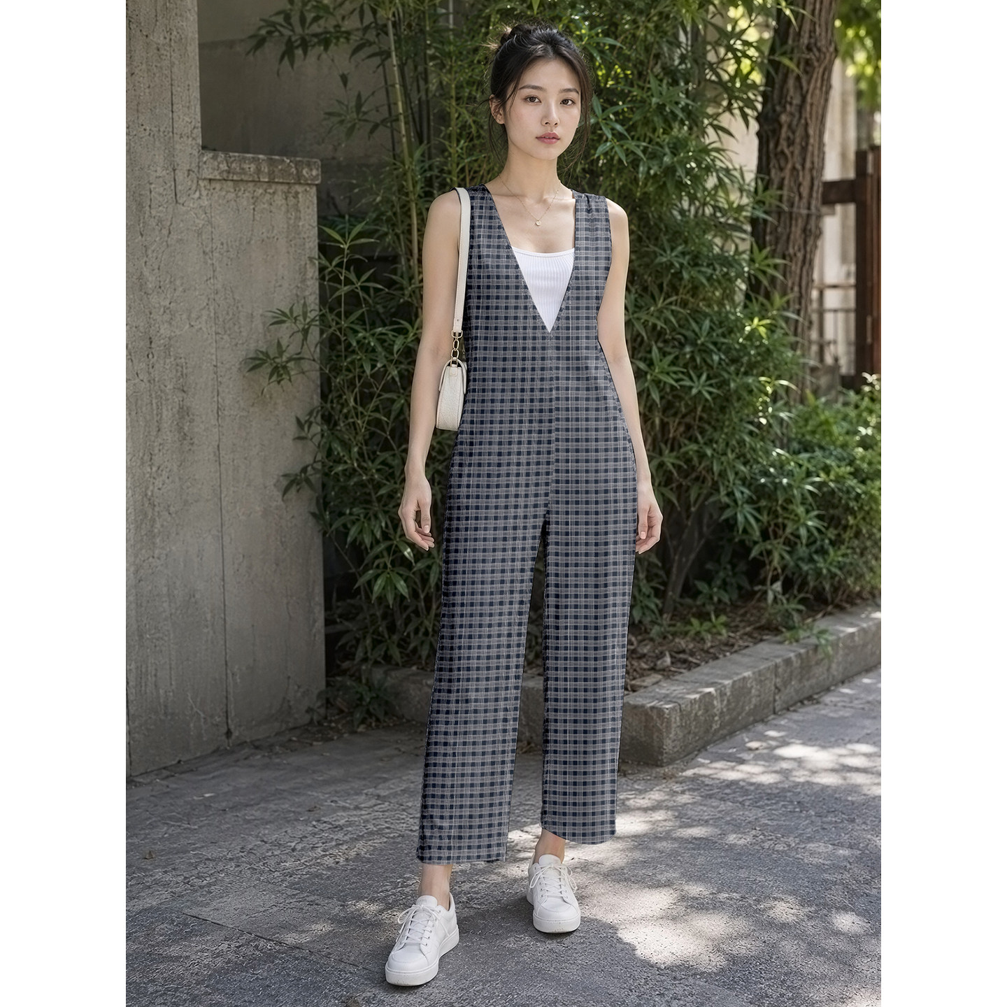 无袖连体衣女夏季新款 宽松 V 领阔腿九分裤显瘦休闲连衣裤露背装