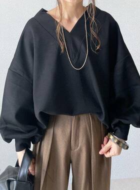 2023日系秋装新款女装 大V领蝙蝠袖宽松显瘦长袖拼接纯色T恤