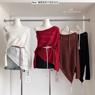 纯欲风秋款韩系慵懒不规则一字肩镂空针织衫女复古宽松绑腰带上衣