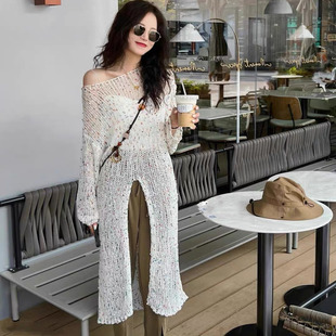 韩版开叉针织连衣裙女长款叠穿2025秋设计感小众一字领镂空罩衫