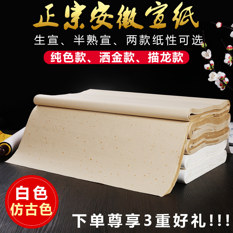 四尺六尺对开仿古国画宣纸书法专用纸初学者洒金描金龙小楷毛笔纸练习纸作品纸复古半生半熟生宣纸批发100张