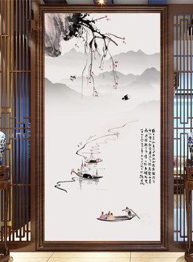 中式古典水墨山水壁画玄关书房墙纸过道走廊背景墙布屏风装饰画布