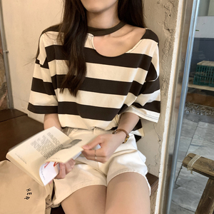 TR24741# 夏季韩版小心机条纹镂空设计感别致短袖上衣T恤