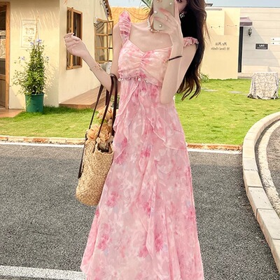 官方法式不规则荷叶边粉色碎花吊带连衣裙女2025新款夏季海边度假