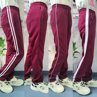 枣红色白宽条校服裤子两道白杠酒红色初中小学生三道杠运动休闲裤