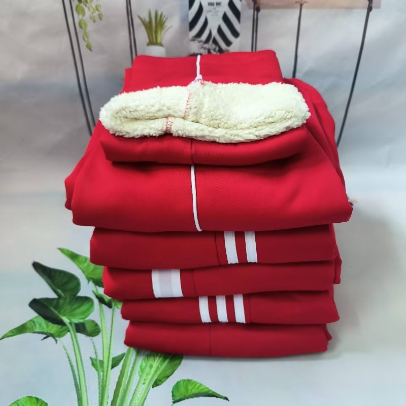 冬季红色羊羔绒宽条校服裤男女双白条加绒加厚校裤红色学生保暖裤