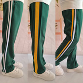 子加绒两条杠小学生初中男女生一道白杠运动裤 秋冬季 深绿色校服裤