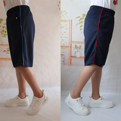 夏季薄款五分裤一条杠红细条校服裤子男女生加肥加大码蓝细条短裤