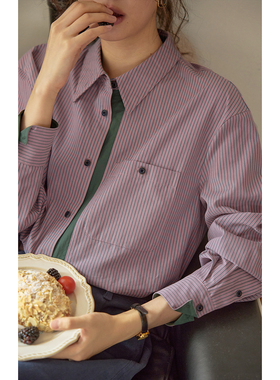 solighter 法式复古撞色竖条纹衬衫女秋季2025新款磨毛长袖上衣