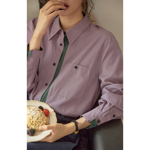 solighter法式撞色竖条纹衬衫