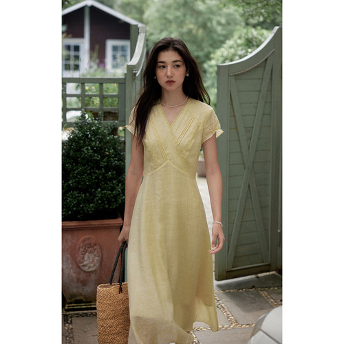 solighter法式苎麻v领短袖连衣裙