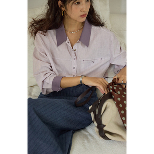 法式 2025新款 复古撞色翻领长袖 女秋季 宽松显瘦衬衣 衬衫 solighter