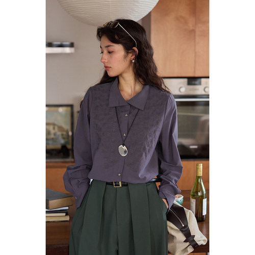 solighter法式绣花宽松长袖衬衫