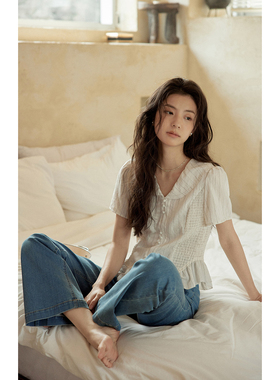 solighter 法式亚麻条纹v领短袖衬衫女夏季2025新款收腰衬衣上衣