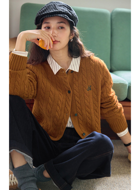 solighter 100%羊毛绞花刺绣针织开衫女秋季2025新款复古圆领外套