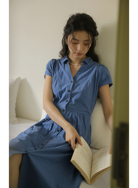 solighter 法式复古白色v领衬衫连衣裙夏季新款显瘦收腰气质长裙