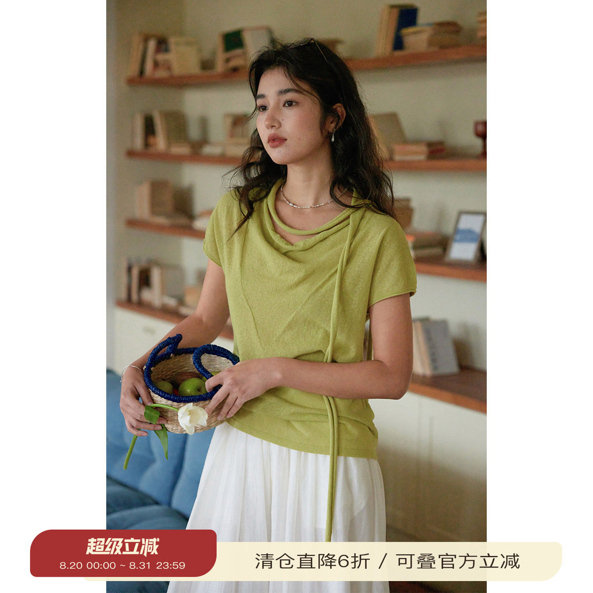 solighter薄款飘带荡领针织衫图片
