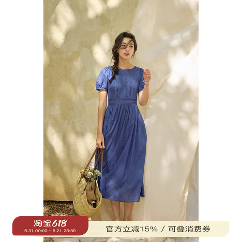 solighter法式泡泡袖收腰连衣裙