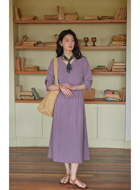 solighter法式紫色莱赛尔v领连衣裙夏季2025新款显瘦中袖收腰长裙