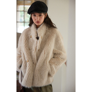 solighter 仿水貂毛双排扣皮草毛毛外套女秋冬立领皮毛一体外套