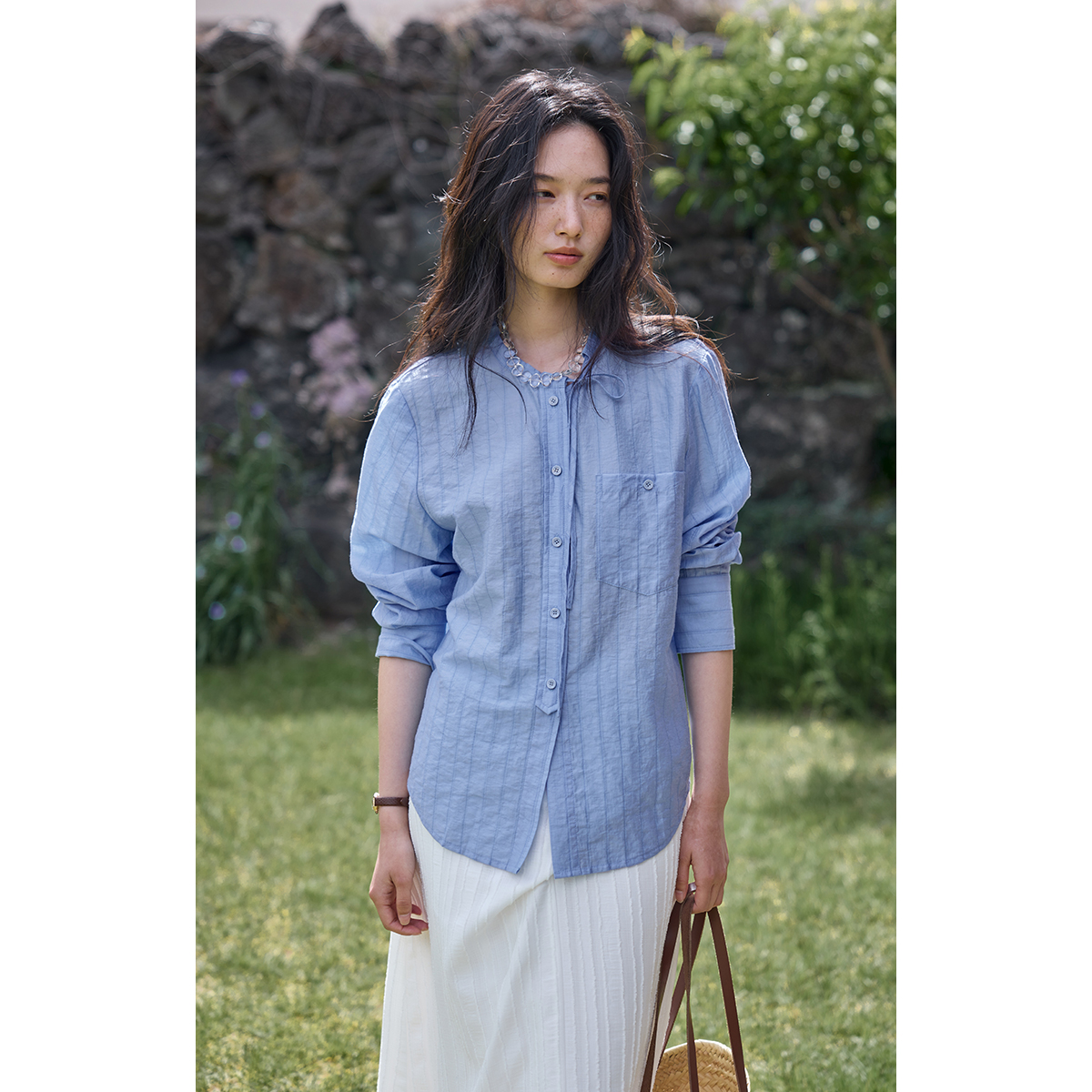 solighter 法式莱赛尔立领条纹防晒衬衫女夏季新款长袖薄款上衣