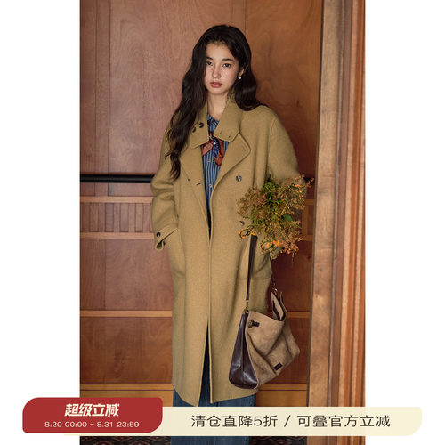 solighter羊毛立领双排扣大衣