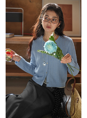 solighter 法式羊绒混纺蓝色圆领开衫女春季2025新款短款针织上衣