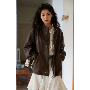 2026新款 立领抽绳pu皮衣外套女春季 复古宽松外套 法式 solighter